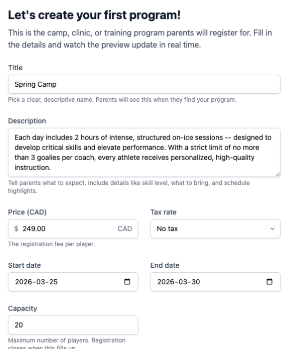 Create your program in GoalieBook